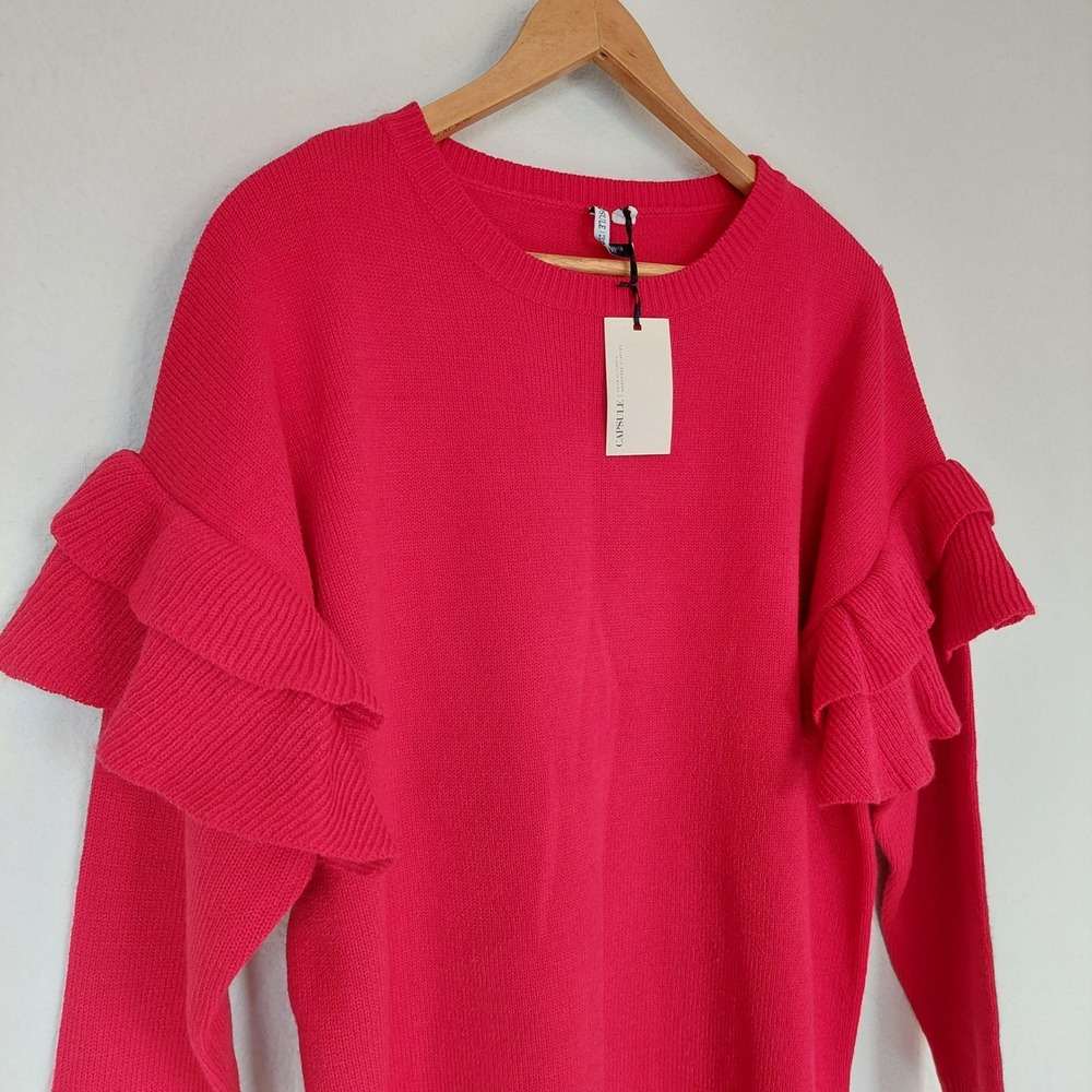 Capsule Red Ruffle Sleeve Crewneck Sweater Womens Small 8-12 NWT - Picture 2 of 10